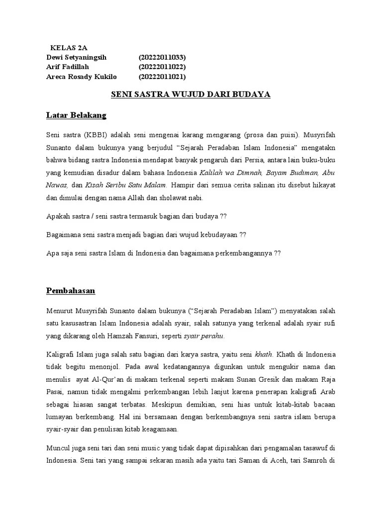 Seni Sastra Wujud Dari Kebudayaan | PDF