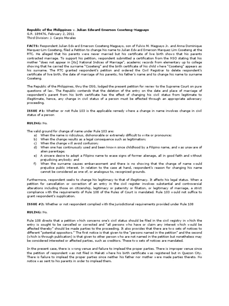 Name Change Case: Rule 103 Vs. 108 | PDF | Legitimacy (Family Law ...