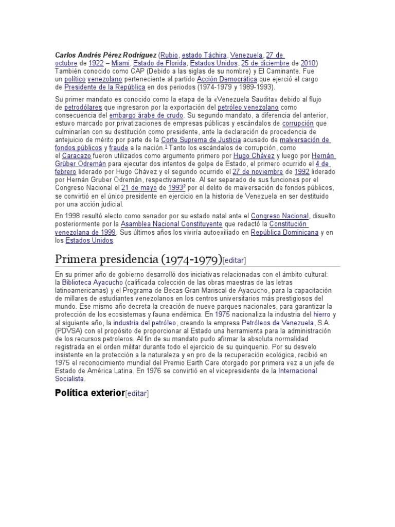 Exposición Sobre El Primer Periodo De Presidencia De Carlos Andres Perez Para Problemática | PDF ...