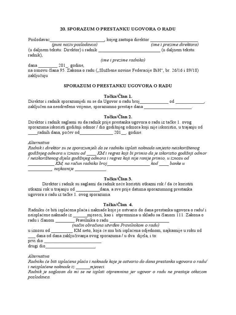 Sporazum O Prestanku Ugovora O Radu | PDF