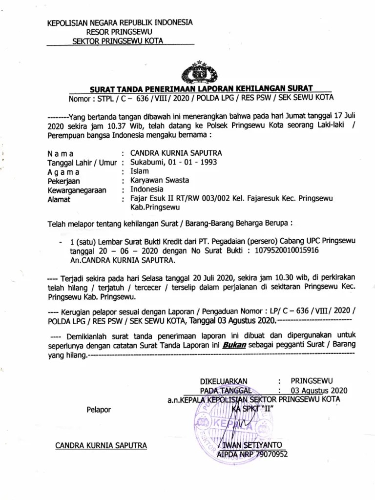 Surat Laporan Kehilangan Kepolisian | PDF