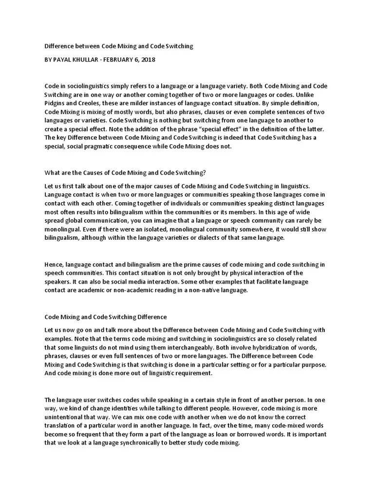 Difference Between Code Mixing And Code Switching | PDF | Cultural ...