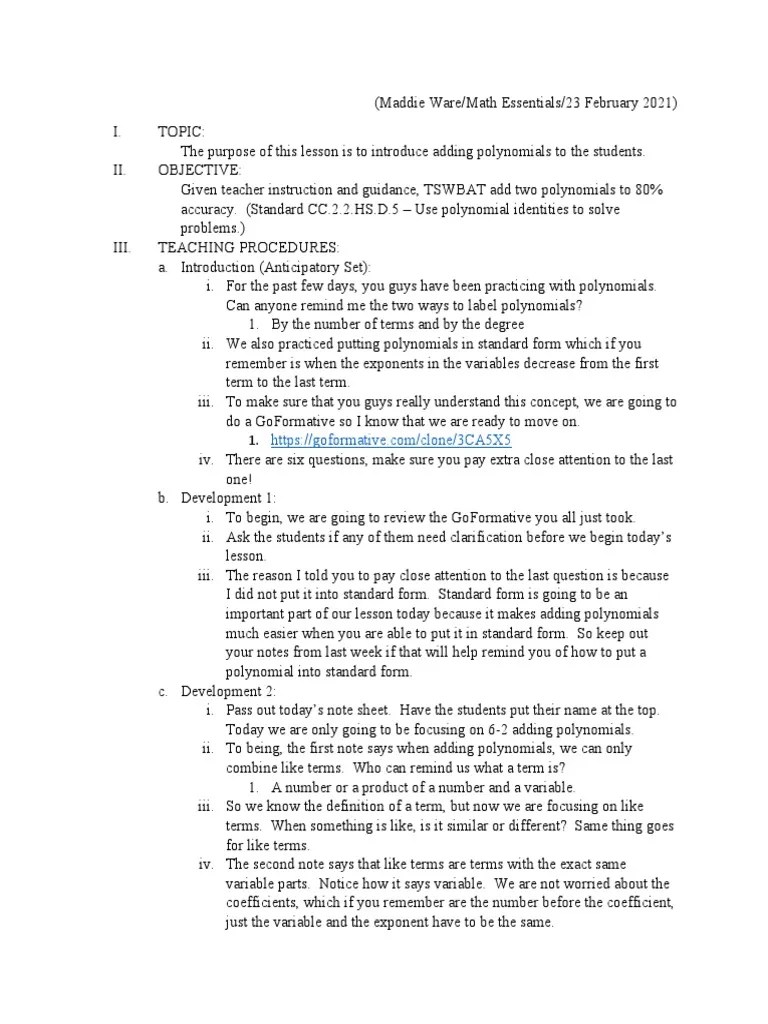 Polynomials Addition Lesson Plan | PDF | Polynomial | Numbers