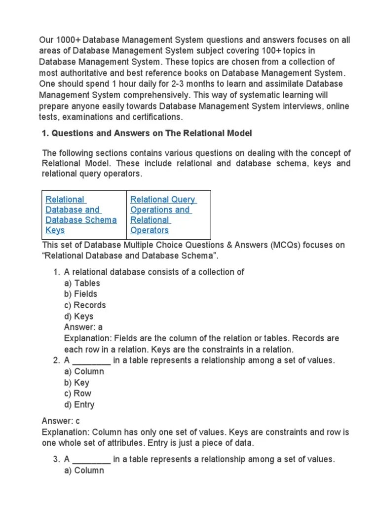 Questions And Answers On The Relational Model | PDF | Relational Model ...