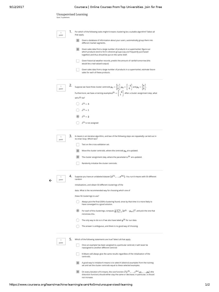 Quiz Week 8 - Unsupervised Learning Clustering | PDF | Cluster Analysis ...