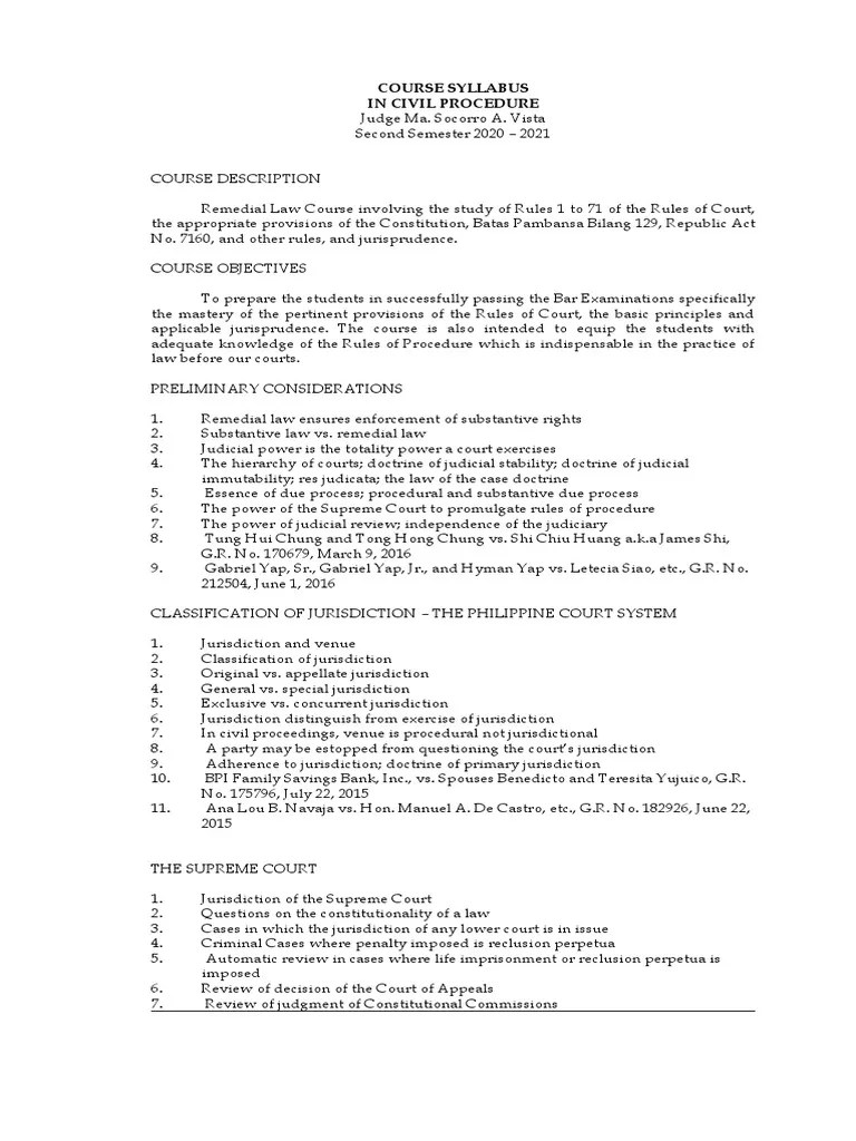 Civil Procedure Syllabus SY 2020-2021 | PDF | Deposition (Law) | Pleading