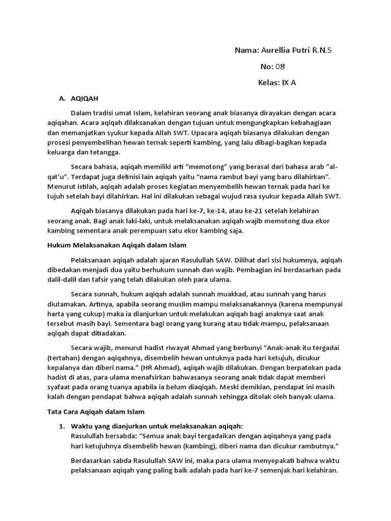 A. Aqiqah: Nama: Aurellia Putri R.N.S No: 08 Kelas: IX A