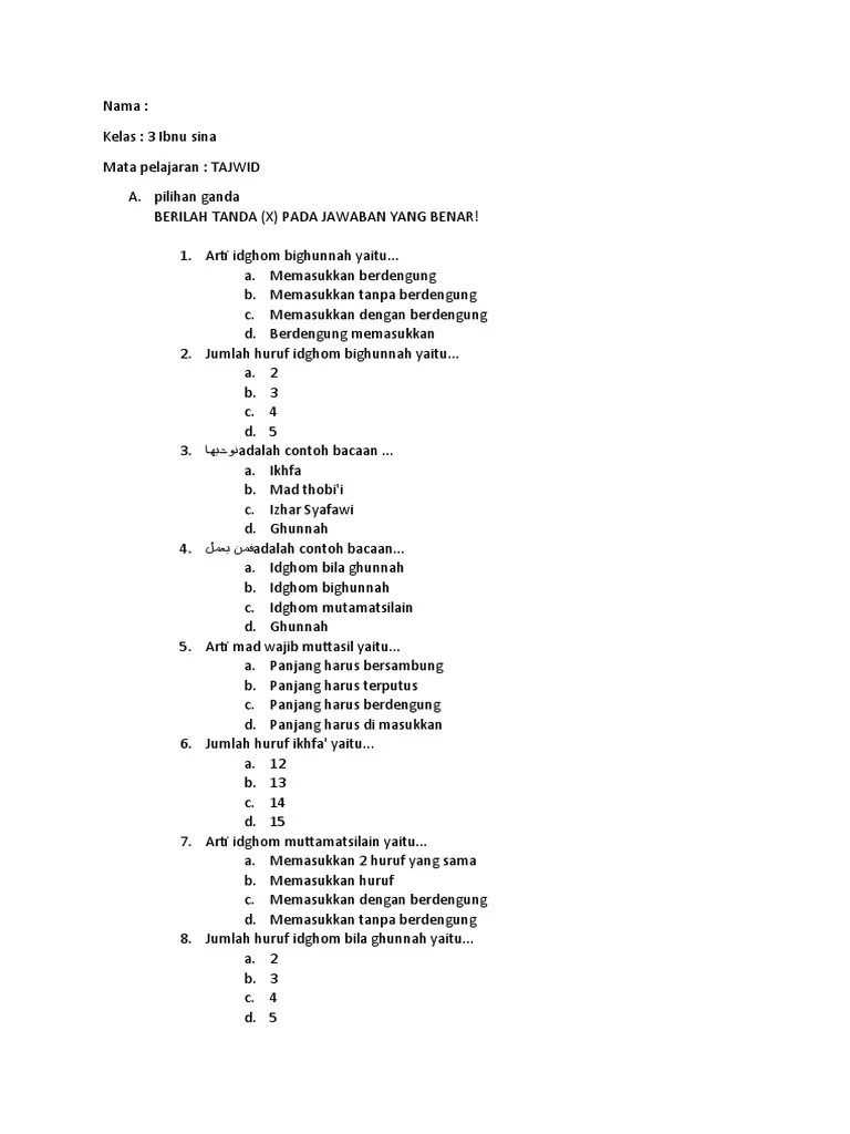 Soal Ujian Anak Kelas 3, Akhlaq, Tajwid | PDF