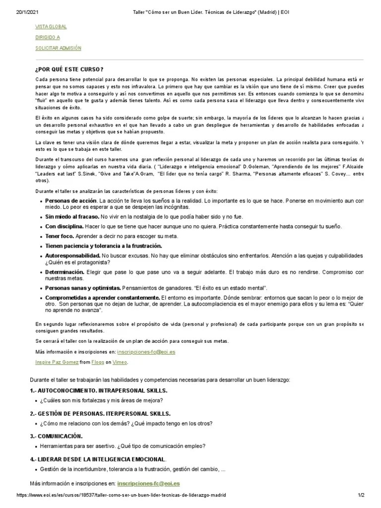 Taller ''Cómo Ser Un Buen Líder. Técnicas De Liderazgo'' (Madrid) - EOI | PDF | Inteligencia ...
