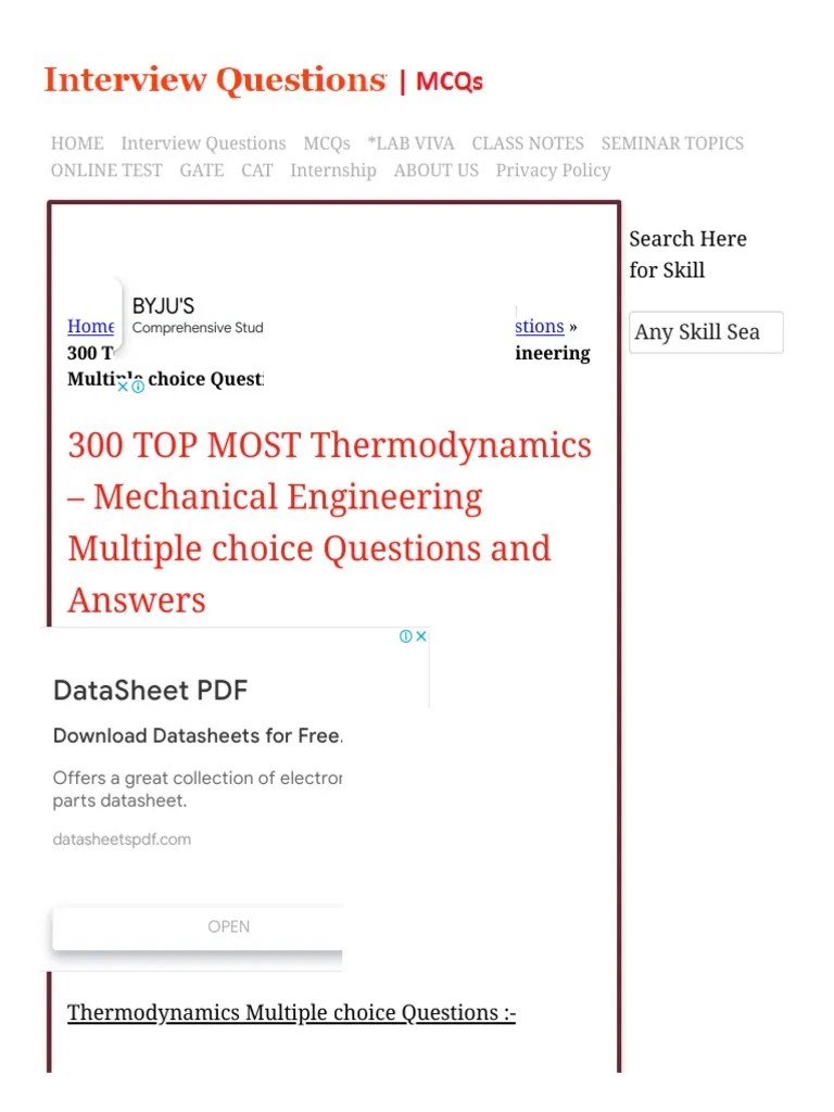 300+ TOP THERMODYNAMICS Multiple Choice Questions And Answers | PDF | Heat | Gases
