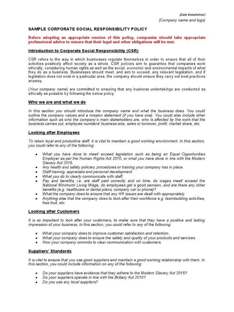Sample Corporate Social Responsibility Policy | PDF | Corporate Social ...