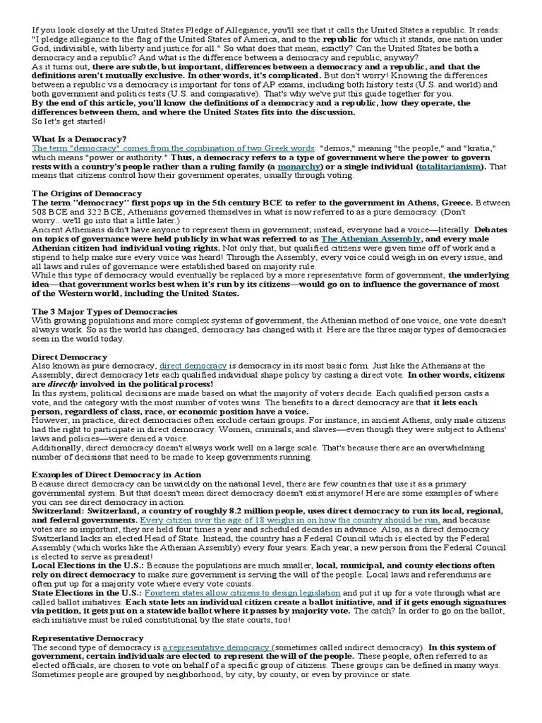 Difference Between Democracy And Republic | PDF | Republic | Democracy