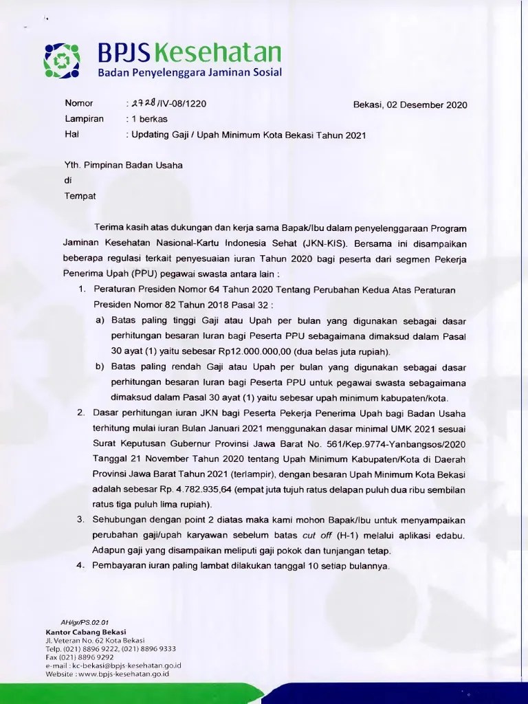 Surat Pemberitahuan UMK 2021 | PDF