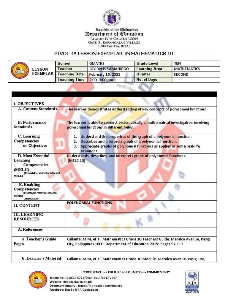 Pivot 4A Lesson Exemplar In Mathematics 10 | PDF | Polynomial | Zero Of A Function