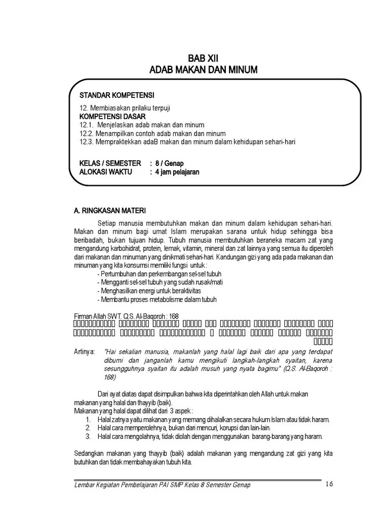 Kelas 10 sma pendidikan agama islam dan budi pekerti siswa. Adab Makan Dan Minum1 Pdf