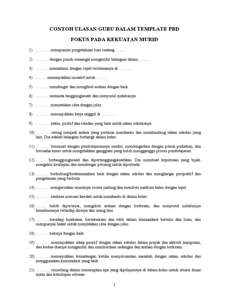 Banyakkan membaca bahan berbahasa inggeris dan latihan di rumah. Contoh Ulasan Guru Dalam Template Pbd Fokus Pada Kekuatan Murid Pdf