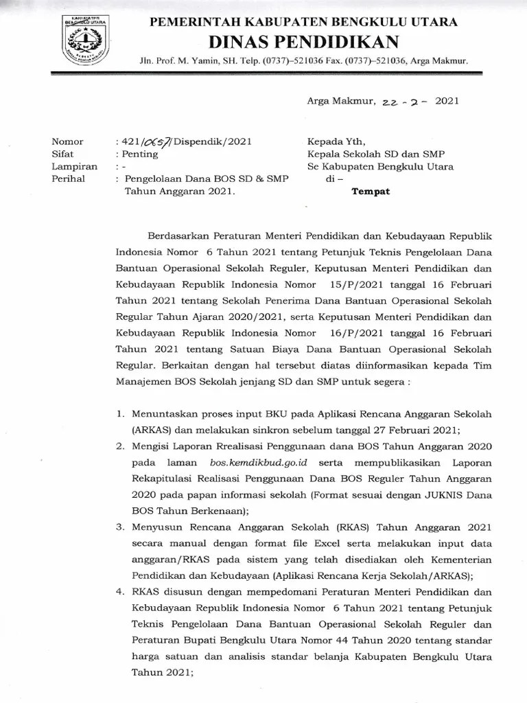 Surat Edaran Penyusunan RKAS Dana BOS Tahun Anggaran 2021 | PDF
