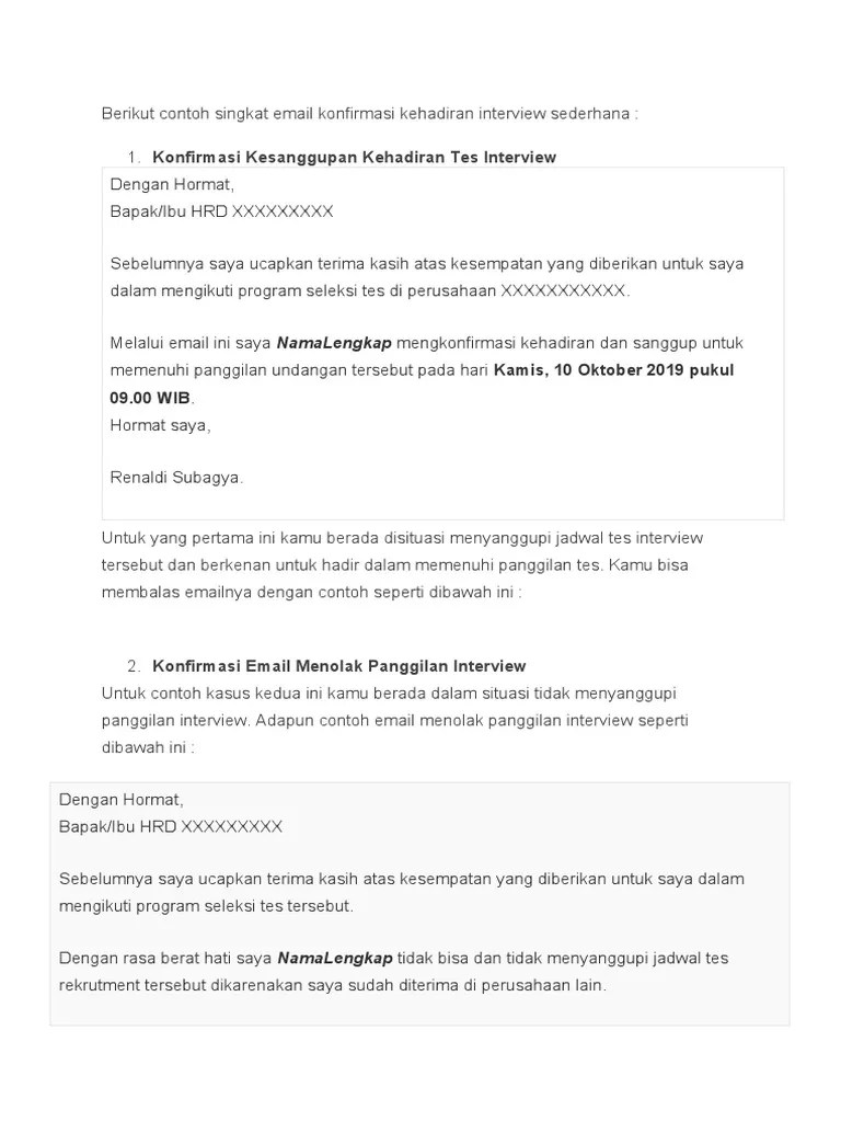 Admin blog contoh seputar surat 2019 juga . Berikut Contoh Singkat Email Konfirmasi Kehadiran Interview Sederhana Pdf