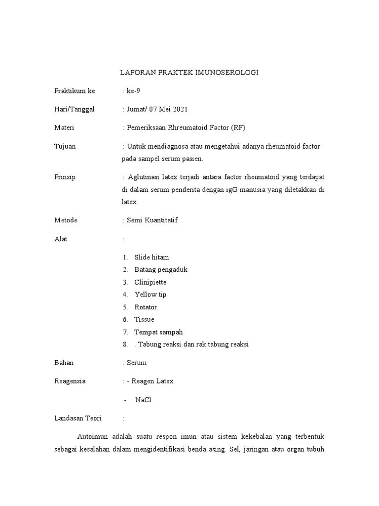 Ditha Apri Sulistia Ningsih - Laporan Praktikum Imunoserologi Pemeriksaan  RF Metode Semi Kuantitatif | PDF
