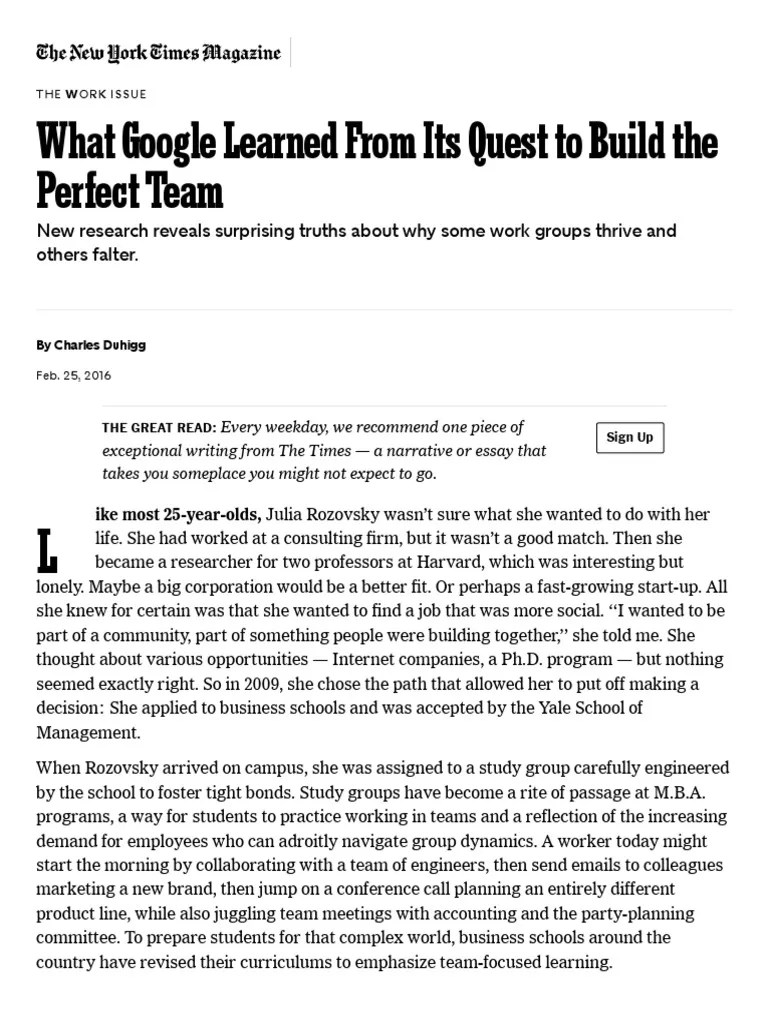 What Google Learned From Its Quest To Build The Perfect Team - The New York Times | PDF ...
