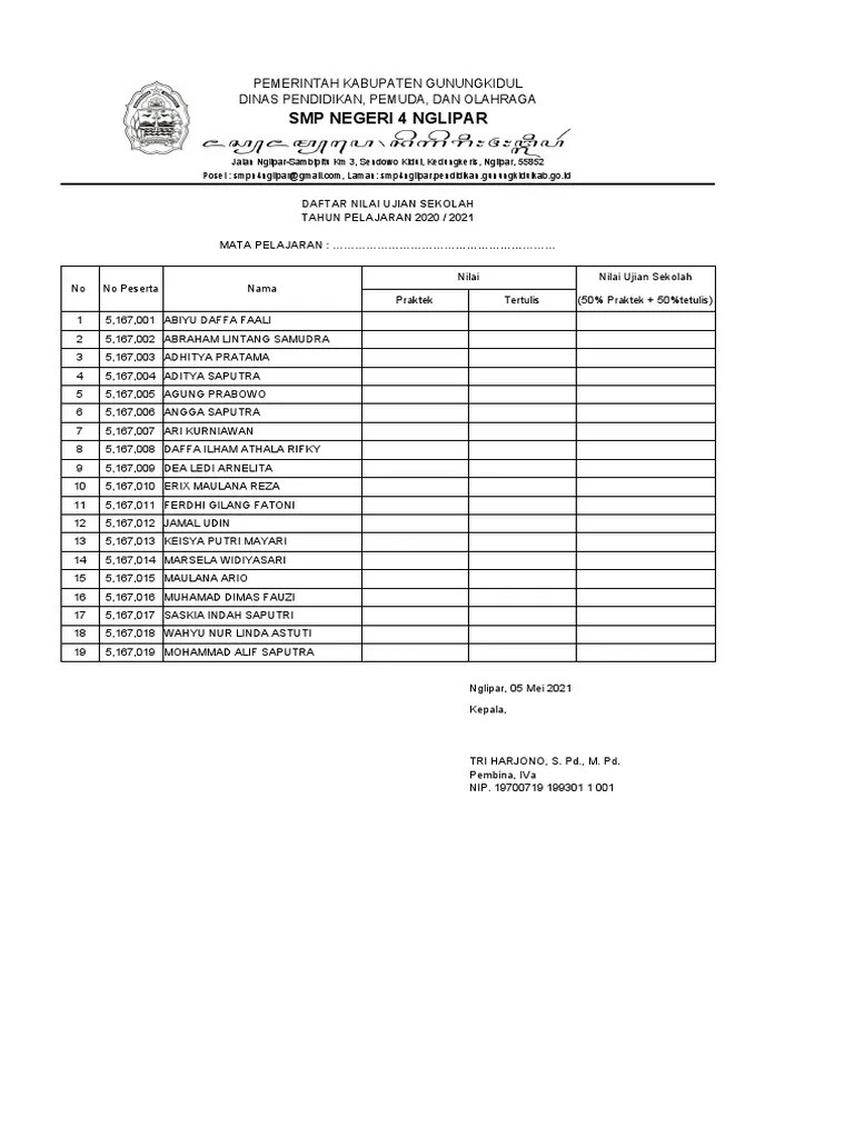Format Nilai Ujian Sekolah | PDF