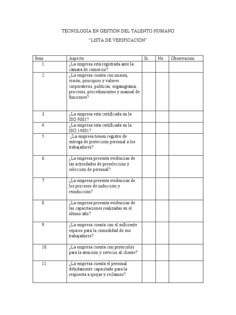 Lista De Verificación Ejemplo | PDF