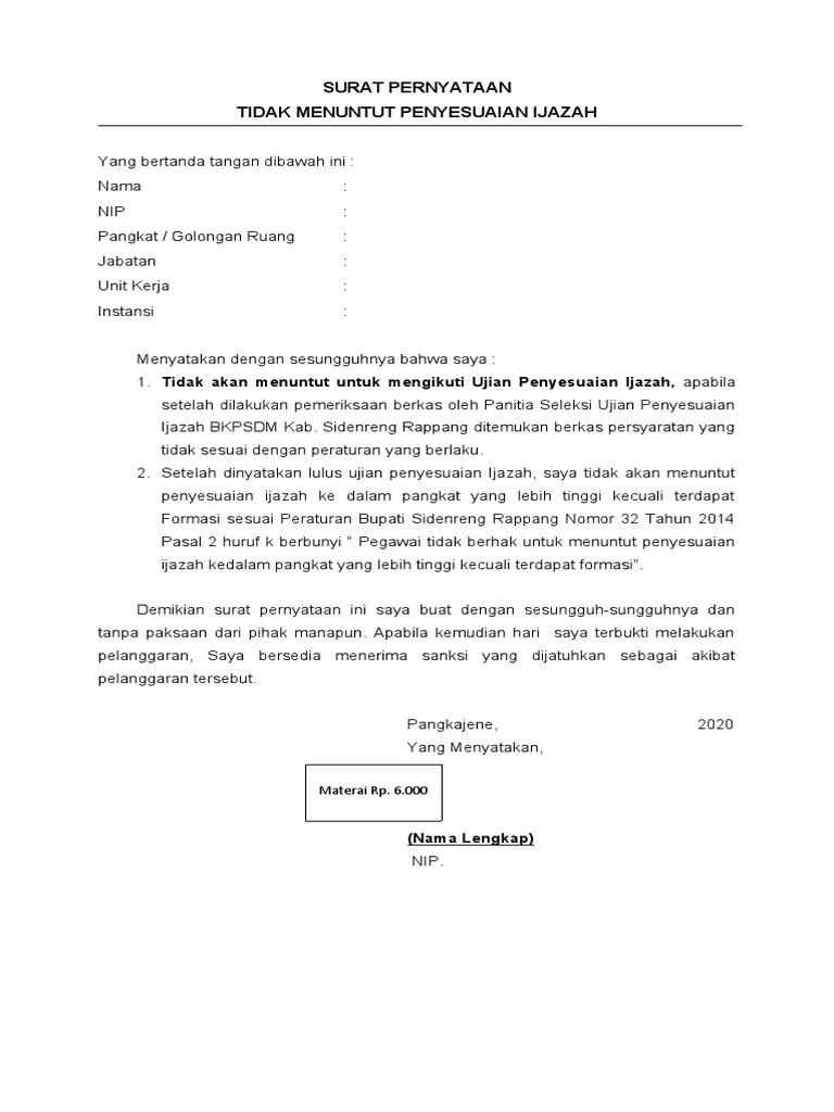 Surat Pernyataan Tidak Menuntut Penyesuaian Ijazah | PDF
