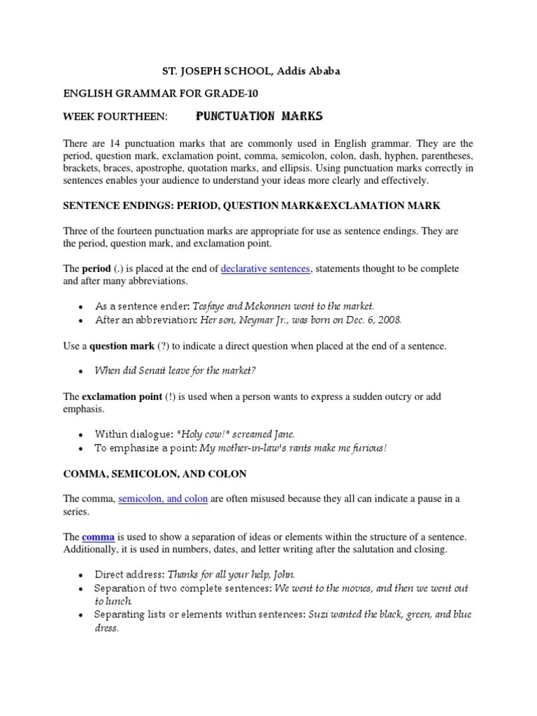 Punctuation Marks: ST. JOSEPH SCHOOL, Addis Ababa English Grammar For ...