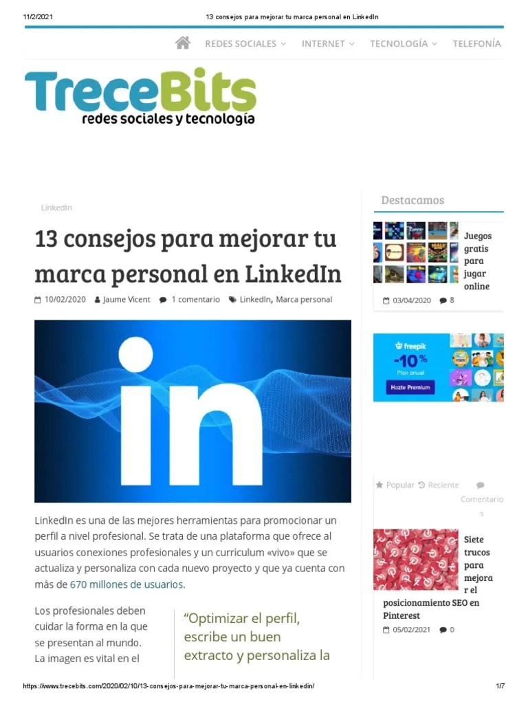 13 Consejos Para Mejorar Tu Marca Personal En LinkedIn | PDF | Youtube | Posicionamiento En ...