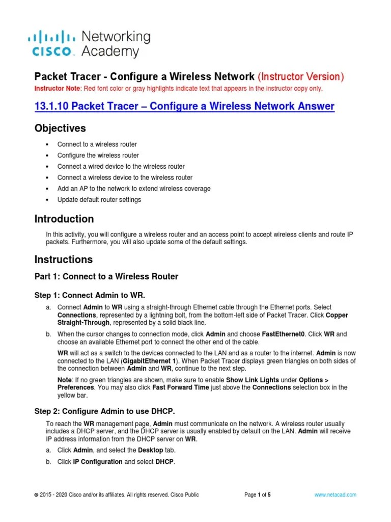 13.1.10 Packet Tracer - Configure A Wireless Network | PDF | Ip Address ...