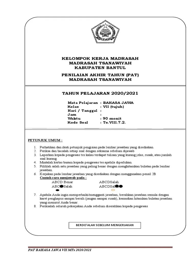 Prediksi soal uas bahasa jawa kelas 7 semester 1 kurikulum 2013 dan kunci jawaban ini . Soal Pat Bahasa Jawa Kelas Vii Pdf