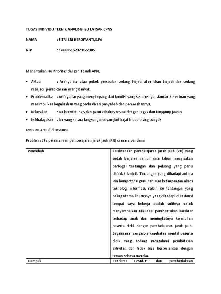 Melakukan pekerjaannya sesuai bidang tugas. Tugas Individu Teknik Analisis Isu Latsar Cpns Pdf