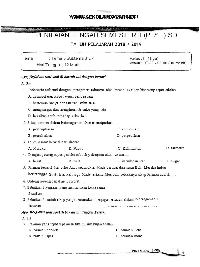 Soal Ulangan Kelas 3 Tema 5 Subtema 3 Dan 4 | PDF