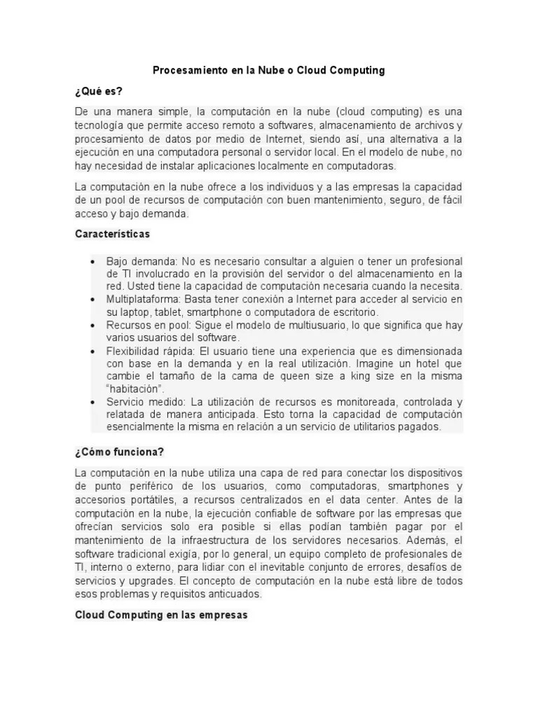 Procesamiento En La Nube O Cloud Computing | PDF | Computación En La ...