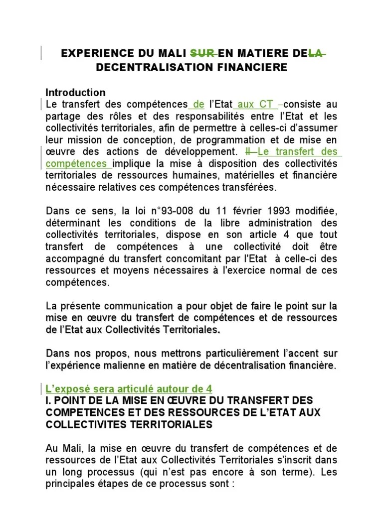 Experience Du Mali en Matiere de Decentralisation Financier | PDF |  Départements de France | État
