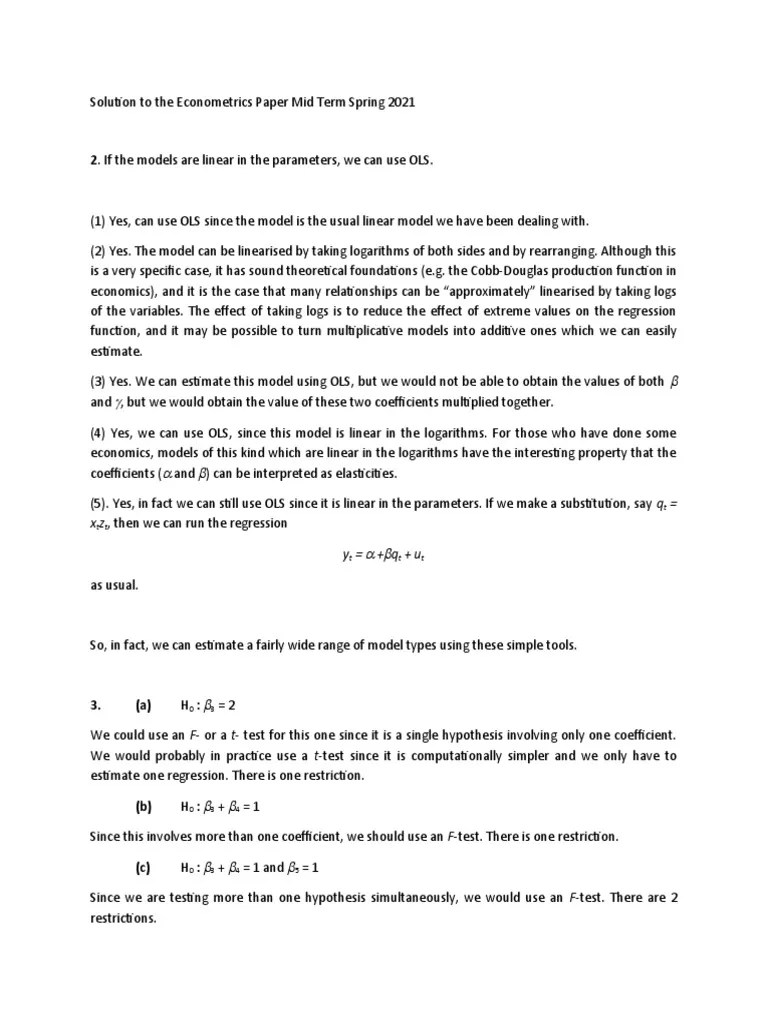 Solution To The Econometrics Paper Mid Term Spring 2021 | PDF ...