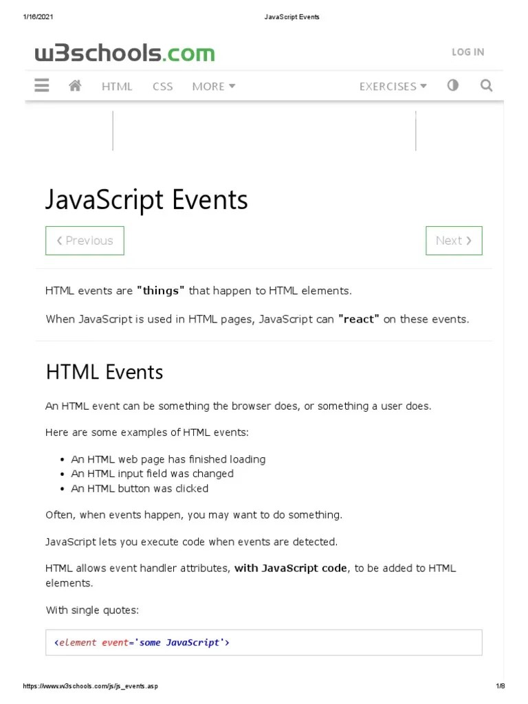 Javascript Events: W3Schools | PDF | Html | Java Script
