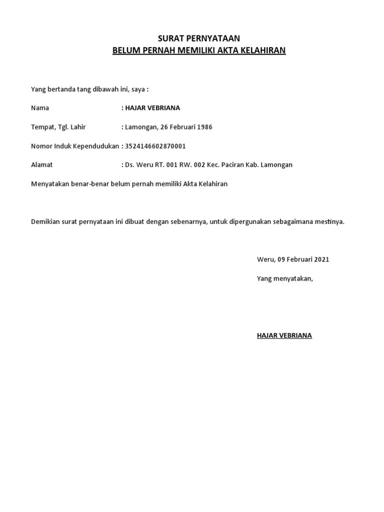 Surat Pernyataan Tidak Punya Akta Kelahiran | PDF