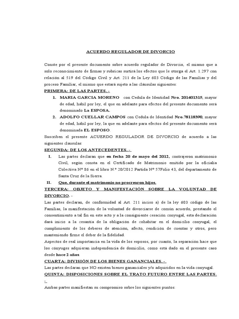 Acuerdo Regulador De Divorcio | PDF | Divorcio | Matrimonio