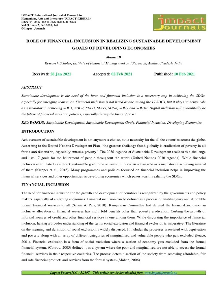 Role Of Financial Inclusion In Realizing Sustainable Development Goals Of Developing Economies ...