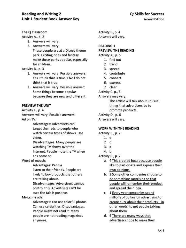 Q Skills Reading And Writing 2 Answer Key | PDF