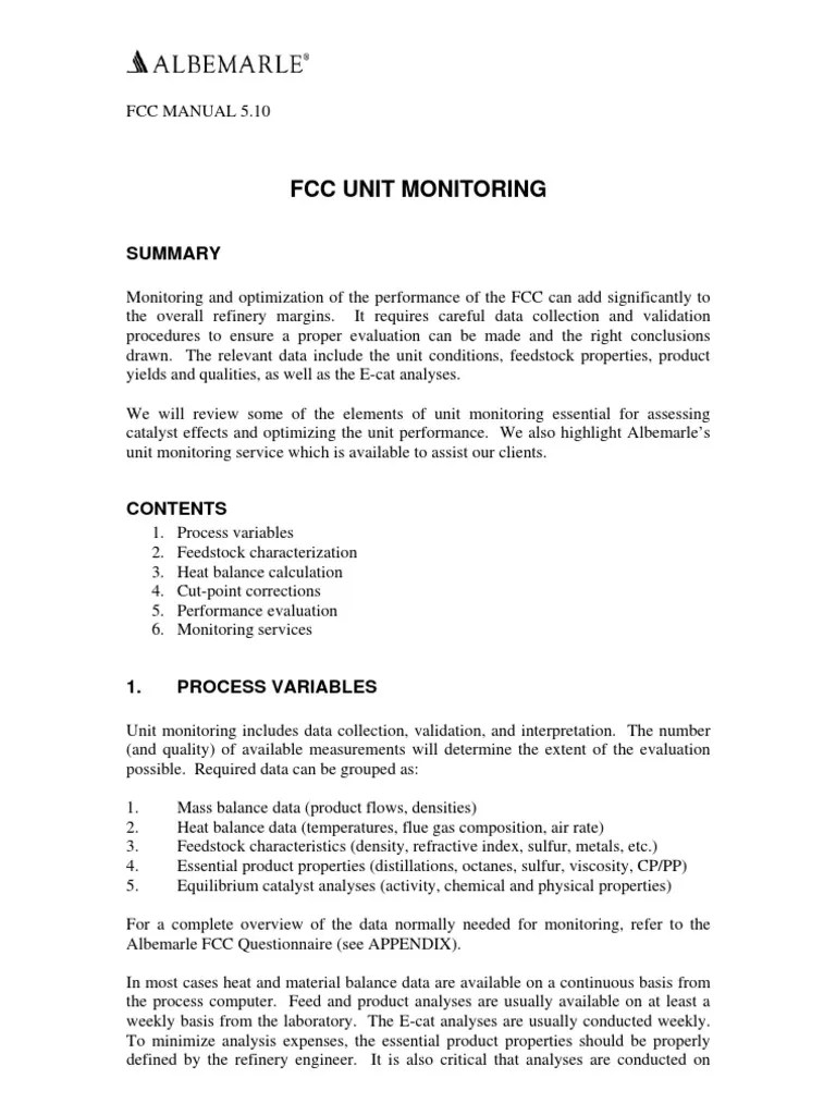 Fcc Manual 5 Fcc Unit Monitoring Download Free Pdf Gasoline Catalysis