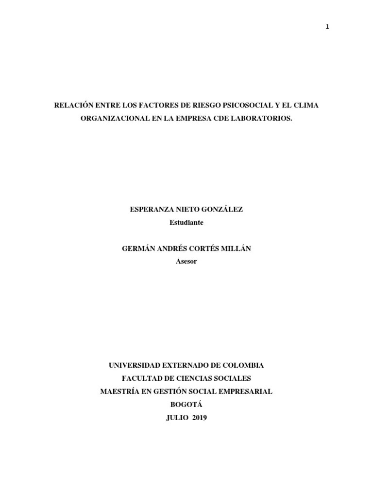 Relación Entre Los Factores De Riesgo Psicosocial Y El Clima Organizacional En La Empresa Cde ...