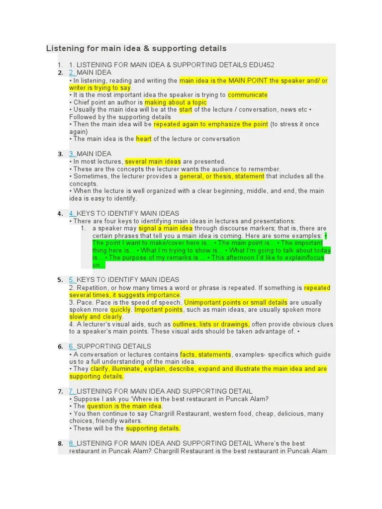 Listening For Main Idea & Supporting Details | PDF | Human ...