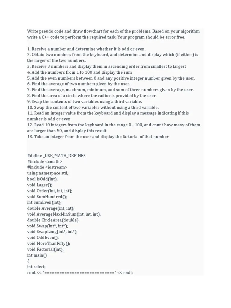 Write Pseudo Code And Draw Flowchart For Each Of The Problems | PDF ...