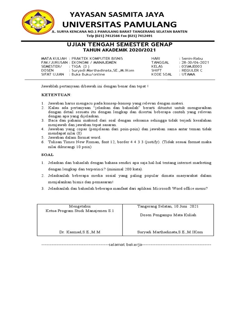 2021... Soal Uts.. Modul 3..praktek Komputer Bisnis..sabtu..2020-2021 | PDF