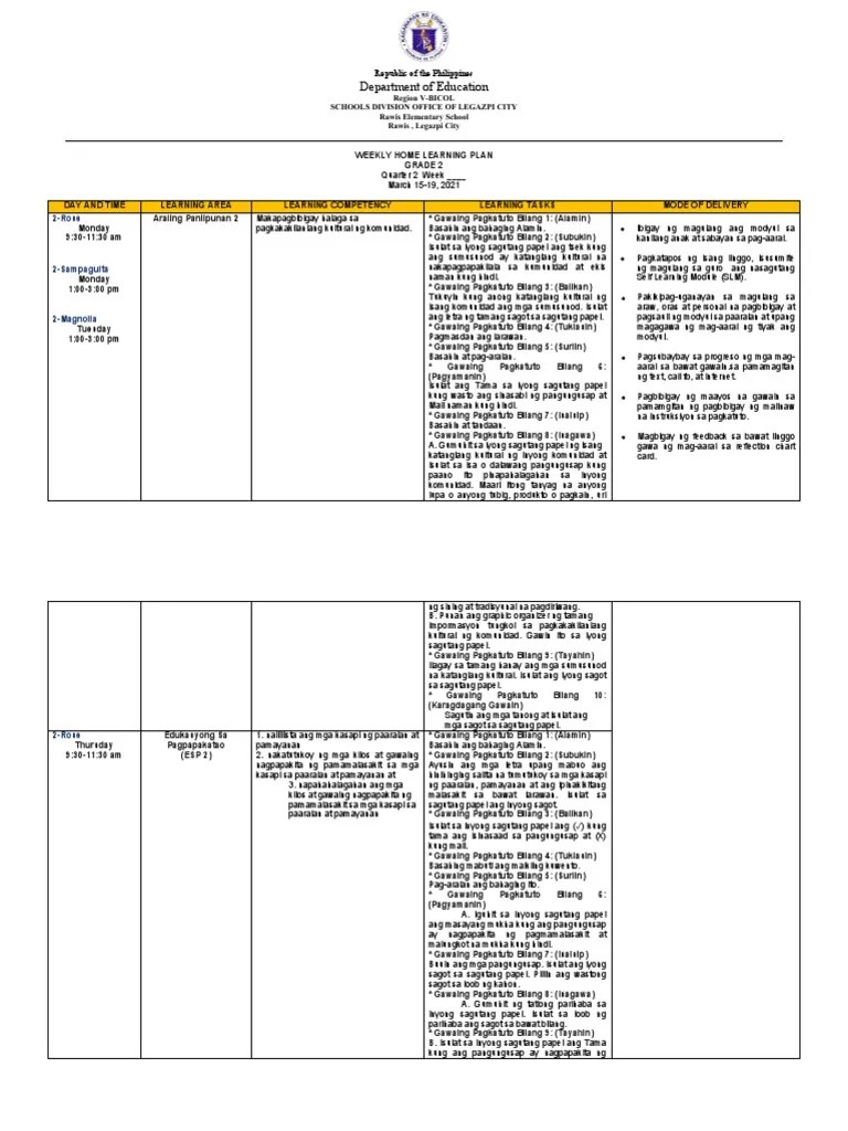Weekly Home Learning Plan Week 4 | PDF