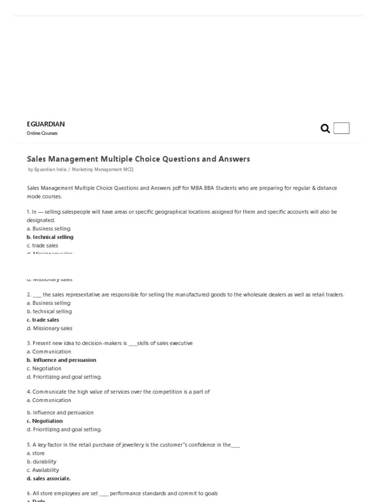 Sales Management Multiple Choice Questions And Answers PDF | PDF | Sales | Supply Chain