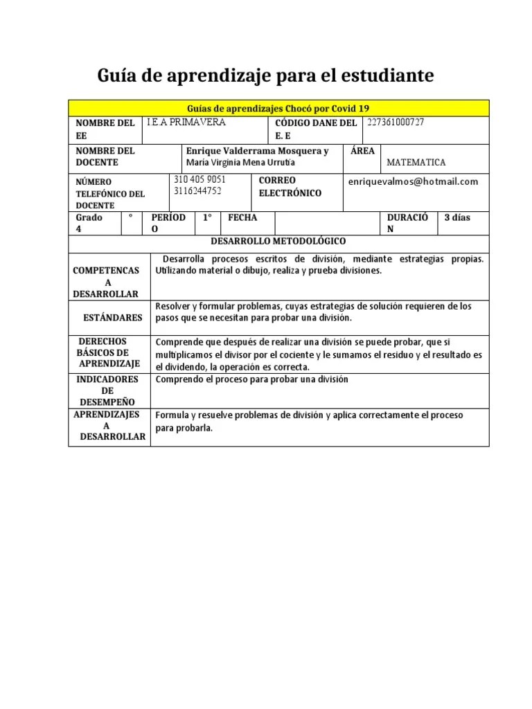 Guía De Aprendizaje Del Docente # 4 - Matematica | PDF | División ...