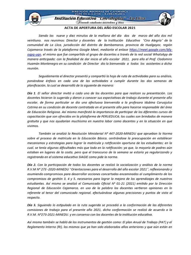 ®acta De Apertura - Año - Escolar - 2021 - 1 | PDF | Educación Avanzada